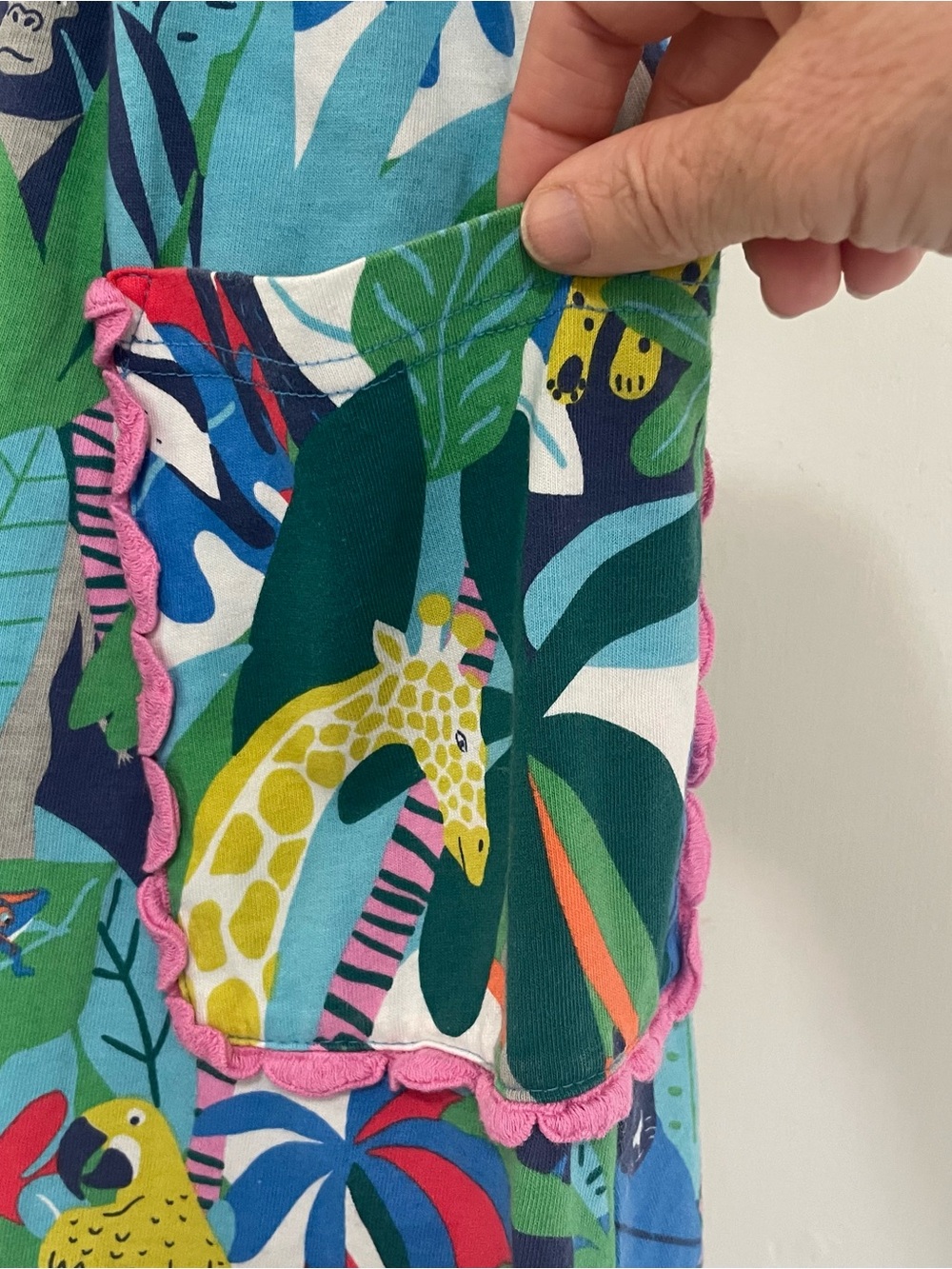 Mini Boden Teal Jungle Animal Jersey pocket dress with pink scalloped trim 11-12 - Picture 4 of 8